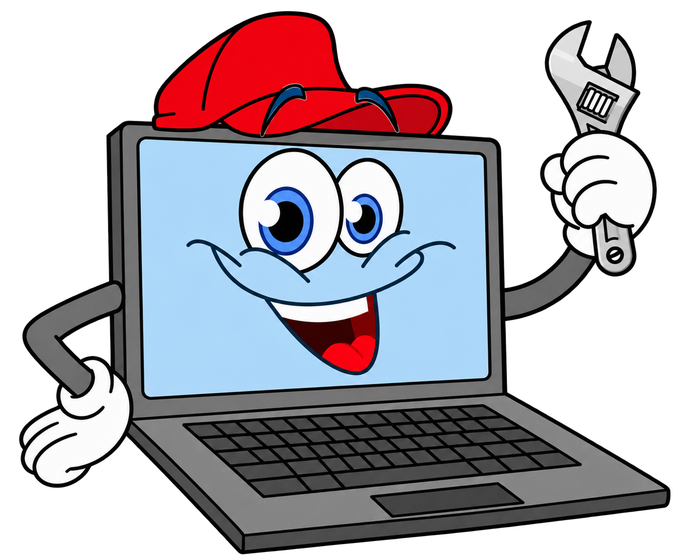 Ilustración de una laptop de caricatura con gorra roja y llave inglesa