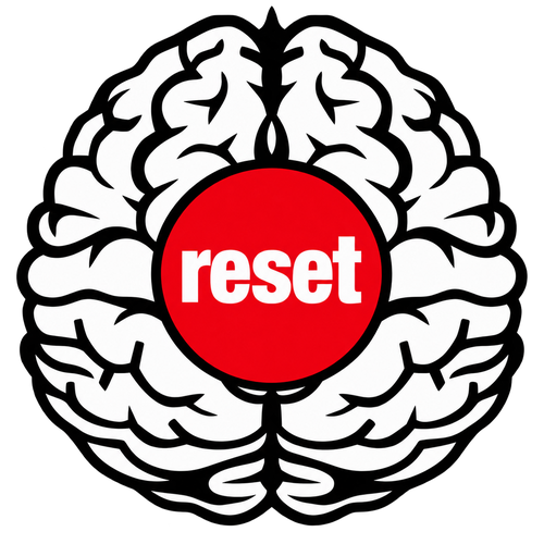 Ilustración de un cerebro con un botón de reset, representando limpiar y reiniciar un equipo desde cero